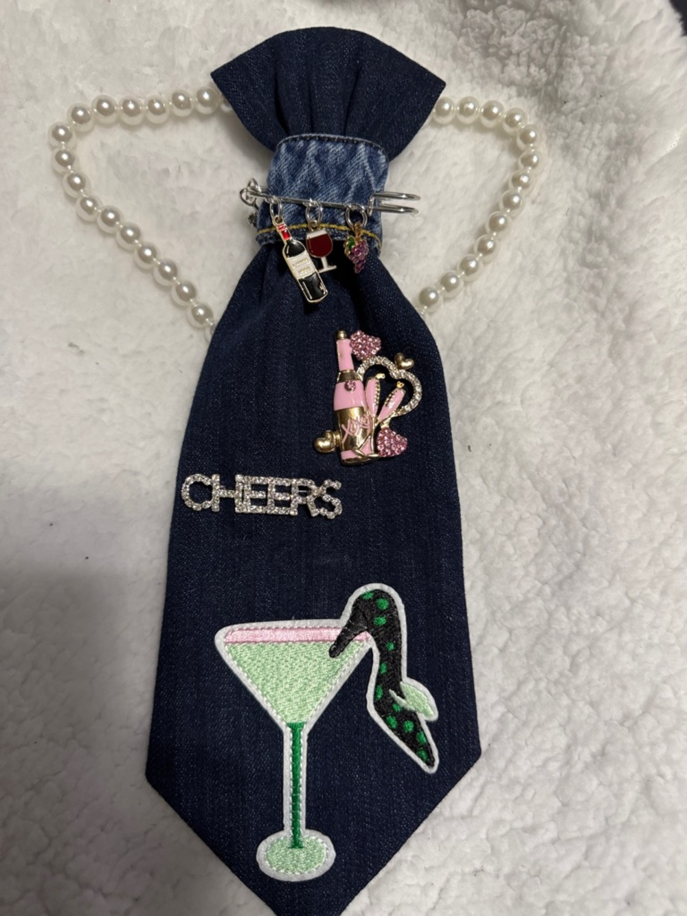 Denim Pendant Necklace with Pink & Green Charms
